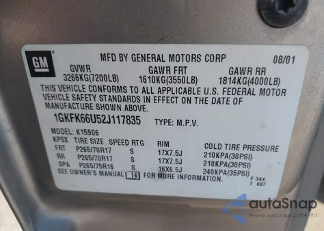 2002 GMC Yukon Xl 1500 Denali из США, поврежденный, VIN 1GKFK66U52J117835